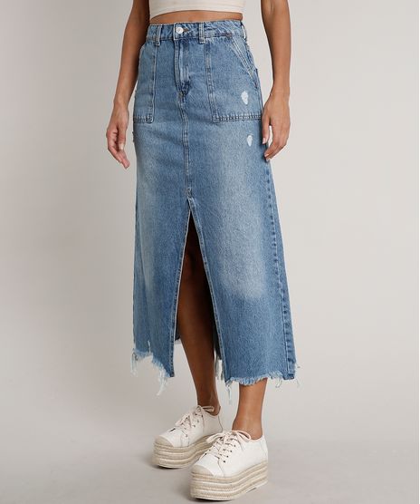 Saia-Jeans-Feminina-Longa-Destroyed-com-Fenda-e-Bolsos-Azul-Medio-9666380-Azul_Medio_1