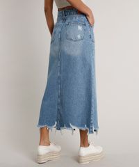 Saia-Jeans-Feminina-Longa-Destroyed-com-Fenda-e-Bolsos-Azul-Medio-9666380-Azul_Medio_2