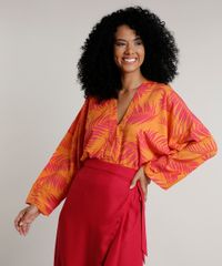 Body-Feminino-Bluse-Estampado-de-Folhagem-Manga-Longa-Decote-V-Laranja-9548730-Laranja_1