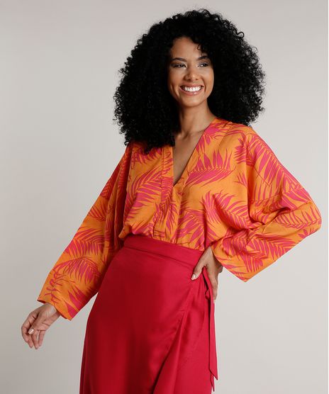 Body-Feminino-Bluse-Estampado-de-Folhagem-Manga-Longa-Decote-V-Laranja-9548730-Laranja_1