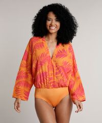 Body-Feminino-Bluse-Estampado-de-Folhagem-Manga-Longa-Decote-V-Laranja-9548730-Laranja_4