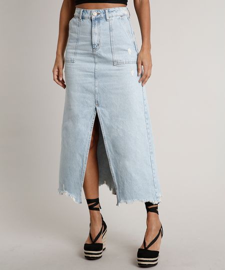 Saia-Jeans-Feminina-Longa-Destroyed-com-Fenda-e-Bolsos-Azul-Claro-9666381-Azul_Claro_2 Saia-Jeans-Feminina-Longa-Destroyed-com-Fenda-e-Bolsos-Azul-Claro-9666381-Azul_Claro_2
