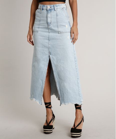 Saia-Jeans-Feminina-Longa-Destroyed-com-Fenda-e-Bolsos-Azul-Claro-9666381-Azul_Claro_2