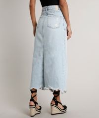 Saia-Jeans-Feminina-Longa-Destroyed-com-Fenda-e-Bolsos-Azul-Claro-9666381-Azul_Claro_4