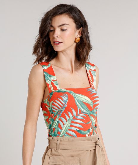Regata-Feminina-Cropped-Estampada-de-Folhagem-Alcas-Largas-Decote-Reto-Laranja-9613384-Laranja_1