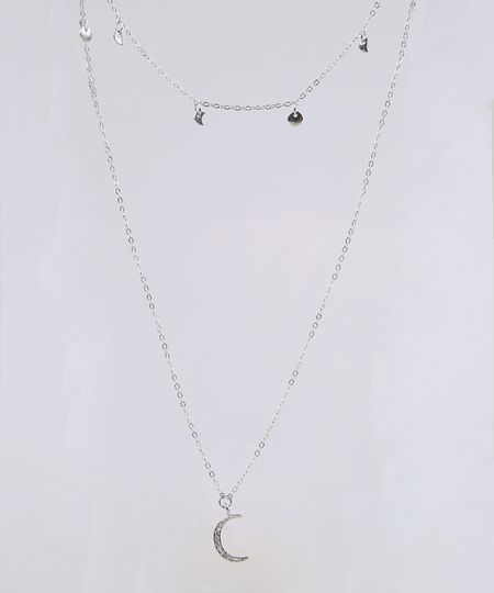 Colar-Feminino-Duplo-com-Pingente-de-Lua-Prateado-9544850-Prateado_1