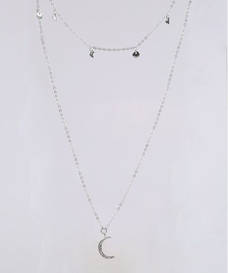 Colar-Feminino-Duplo-com-Pingente-de-Lua-Prateado-9544850-Prateado_1