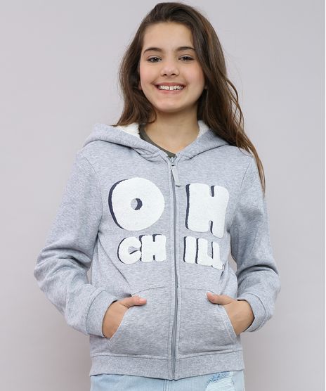 Blusao-Infantil-em-Moletom--Oh-Chill--com-Capuz-e-Pelo-Cinza-Mescla-9359993-Cinza_Mescla_1