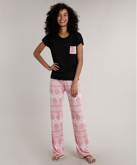 Pijama-Feminino-com-Bolso-Estampado-Paisley-Manga-Curta-Preto-9638673-Preto_1