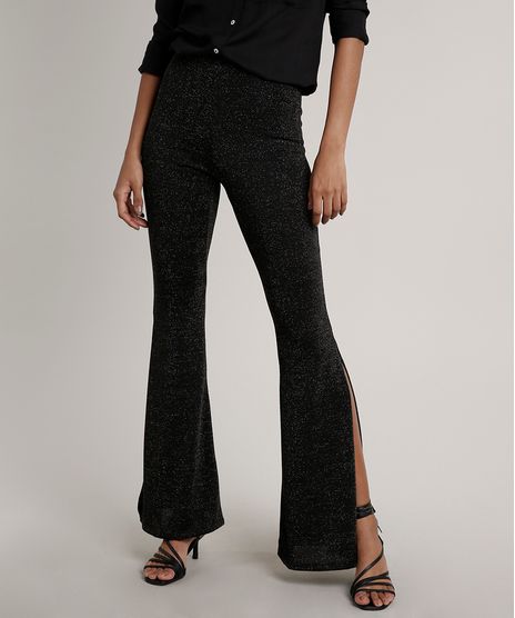 Calca-Feminina-Flare-com-Lurex-e-Fenda-Preta-9703993-Preto_1