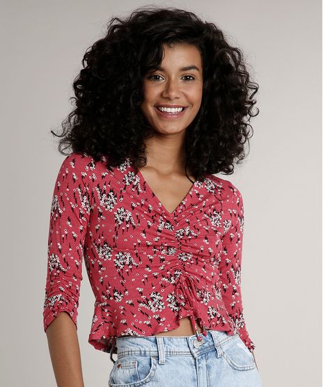 Blusa-Feminina-Cropped-Estampada-Floral-com-Amarracao-Manga-7-8--Rosa-Escuro-9704822-Rosa_Escuro_1