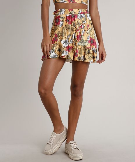 Saia-Feminina-Curta-Transpassada-em-Laise-Estampada-Floral-com-Babado-Mostarda-9694074-Mostarda_1