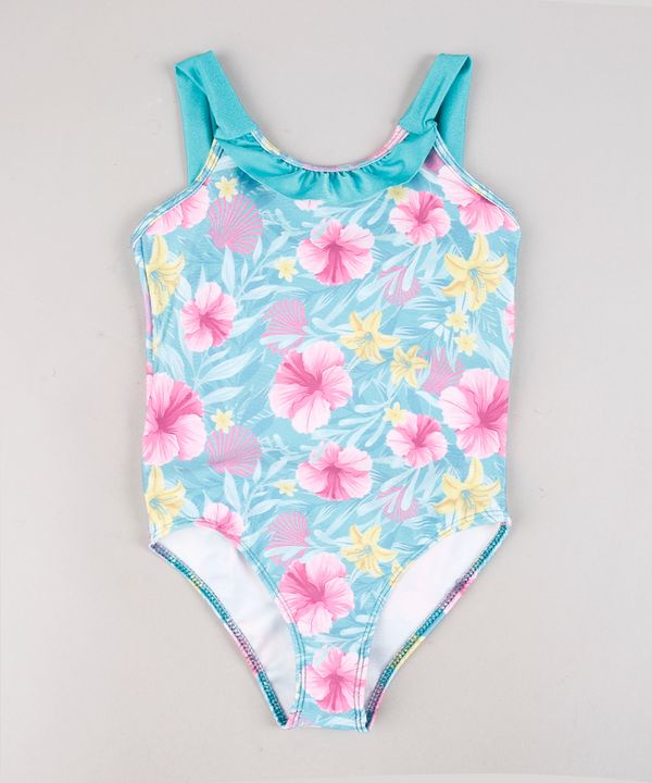 Maiô Infantil Estampado Floral com Babado Proteção UV50+ Verde Claro 10