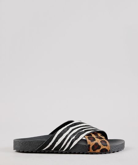Rasteira-Feminina-Oneself-em-Couro-Animal-Print-Onca-e-Zebra-Tiras-Cruzadas-Preta-9701564-Preto_1