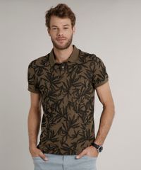 Polo-Masculina-Slim-Fit-Estampada-de-Folhagem-em-Piquet-Manga-Curta-Verde-Militar-9634644-Verde_Militar_1