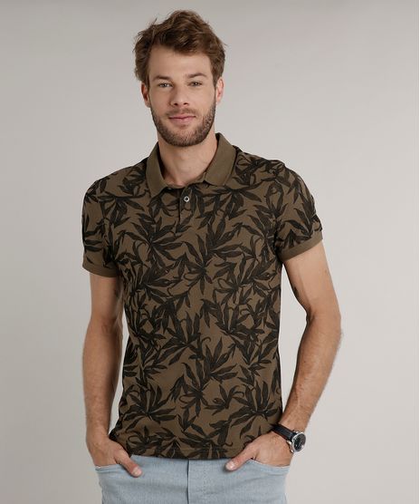 Polo-Masculina-Slim-Fit-Estampada-de-Folhagem-em-Piquet-Manga-Curta-Verde-Militar-9634644-Verde_Militar_1