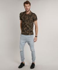 Polo-Masculina-Slim-Fit-Estampada-de-Folhagem-em-Piquet-Manga-Curta-Verde-Militar-9634644-Verde_Militar_3