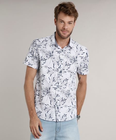 Camisa Masculina Comfort Estampada Floral Manga Curta Branca Cea