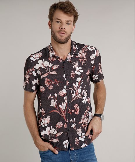Camisa-Masculina-Tradicional-Estampada-Floral-Manga-Curta-Chumbo-9639678-Chumbo_1
