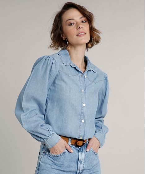blusa jeans de manga comprida feminina