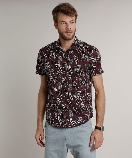 Camisa-Masculina-Tradicional-Estampada-de-Folhagem-Manga-Curta-Vinho-9516958-Vinho_1