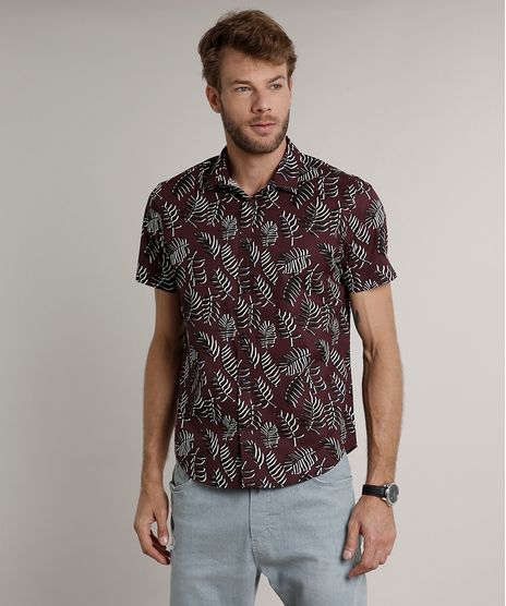 Camisa-Masculina-Tradicional-Estampada-de-Folhagem-Manga-Curta-Vinho-9516958-Vinho_1