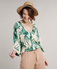 Blusa-Feminina-Ampla-Estampada-de-Folhagem-Manga-7-8-Decote-V-Bege-9694159-Bege_1
