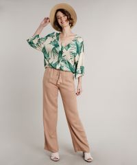 Blusa-Feminina-Ampla-Estampada-de-Folhagem-Manga-7-8-Decote-V-Bege-9694159-Bege_3