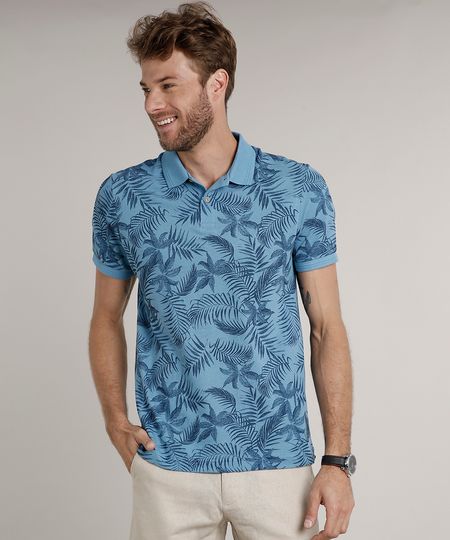 Polo-Masculina-Comfort-Estampada-de-Folhagem-em-Piquet-Manga-Curta-Azul-Claro-9640965-Azul_Claro_1