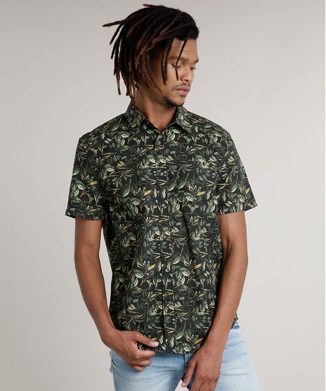 Camisa-Masculina-Tradicional-Estampada-de-Folhagem-com-Bolso-Manga-Curta-Preta-8622493-Preto_1