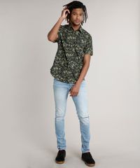 Camisa-Masculina-Tradicional-Estampada-de-Folhagem-com-Bolso-Manga-Curta-Preta-8622493-Preto_3
