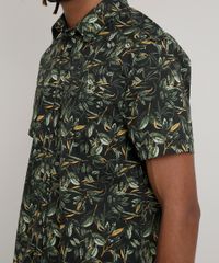 Camisa-Masculina-Tradicional-Estampada-de-Folhagem-com-Bolso-Manga-Curta-Preta-8622493-Preto_4