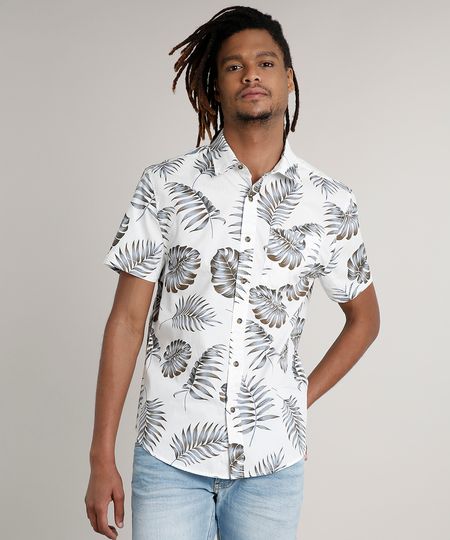 Camisa-Masculina-Tradicional-Estampada-de-Folhagem-com-Bolso-Manga-Curta-Branca-9250500-Branco_1