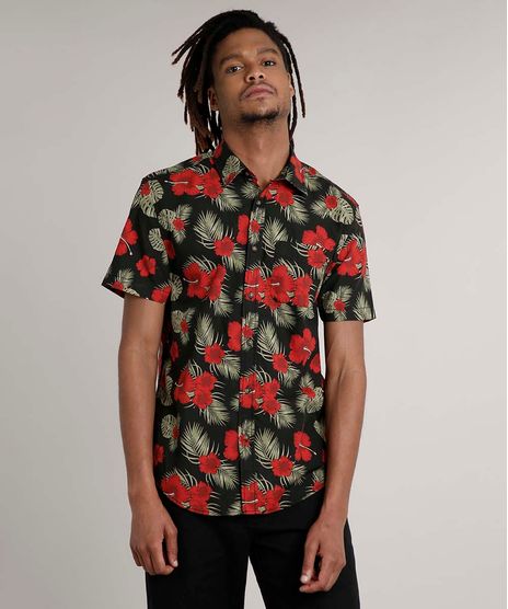Camisa-Masculina-Tradicional-Estampada-Floral-com-Bolso-Manga-Curta-Preta-9514514-Preto_1