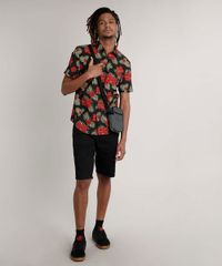 Camisa-Masculina-Tradicional-Estampada-Floral-com-Bolso-Manga-Curta-Preta-9514514-Preto_3