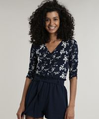 Blusa-Feminina-Cropped-Estampada-Floral-com-Franzido-Manga-7-8-Decote-V-Azul-Marinho-9697074-Azul_Marinho_1