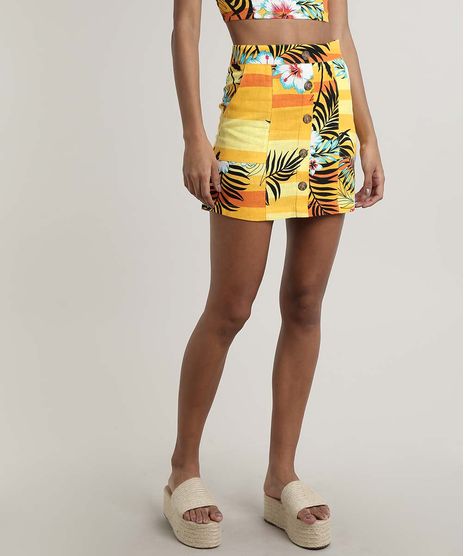 Saia-Feminina-Curta-em-Linho-Estampada-Tropical-com-Botoes-Amarela-9632929-Amarelo_1