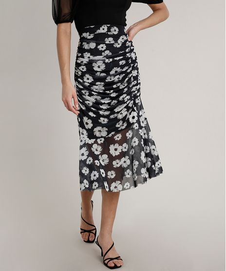 Saia-Feminina-Mindset-Midi-em-Tule-Estampada-Floral--Preta-9765201-Preto_1