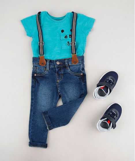 calça jeans com suspensorio infantil