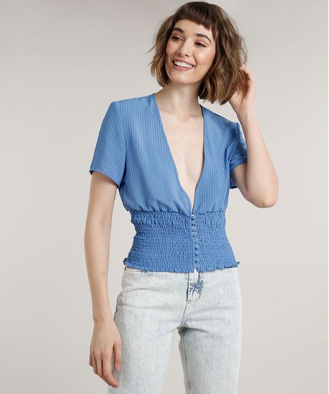 Blusa-Feminina-Mindset-com-Botoes-Manga-Curta-Decote-V-Profundo-Azul-9784536-Azul_1