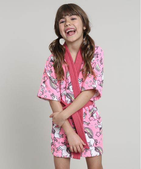 Roupao-Infantil-Atoalhado-Estampado-de-Unicornios-com-Bolso-Manga-Curta-Rosa-Neon-9655160-Rosa_Neon_1