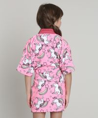 Roupao-Infantil-Atoalhado-Estampado-de-Unicornios-com-Bolso-Manga-Curta-Rosa-Neon-9655160-Rosa_Neon_2