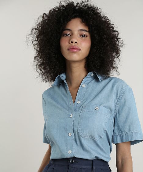 Camisa Jeans Feminina Mindset Com Bolso Manga Curta Azul Claro Cea