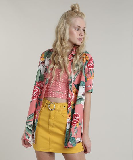 Camisa-Feminina-Estampada-Tropical-com-Fenda-Manga-Curta-Rosa-9644890-Rosa_1