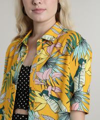 Camisa-Feminina-Estampada-Tropical-com-Fenda-Manga-Curta-Amarela-9644889-Amarelo_4