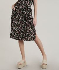Saia-Feminina-Midi-Estampada-Floral-com-Botoes-e-Bolsos-Preto-9766015-Preto_1