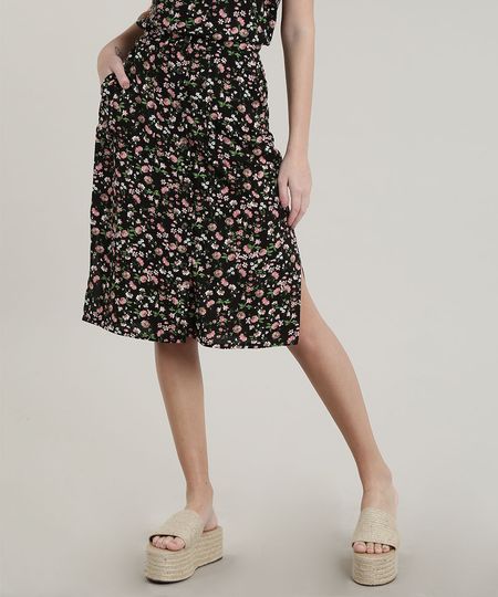 Saia-Feminina-Midi-Estampada-Floral-com-Botoes-e-Bolsos-Preto-9766015-Preto_1