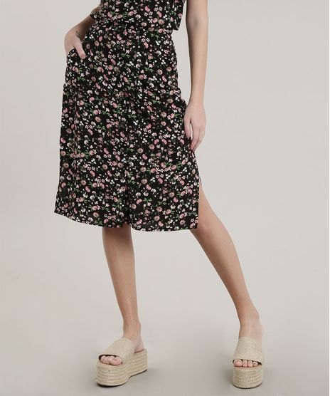 Saia-Feminina-Midi-Estampada-Floral-com-Botoes-e-Bolsos-Preto-9766015-Preto_1