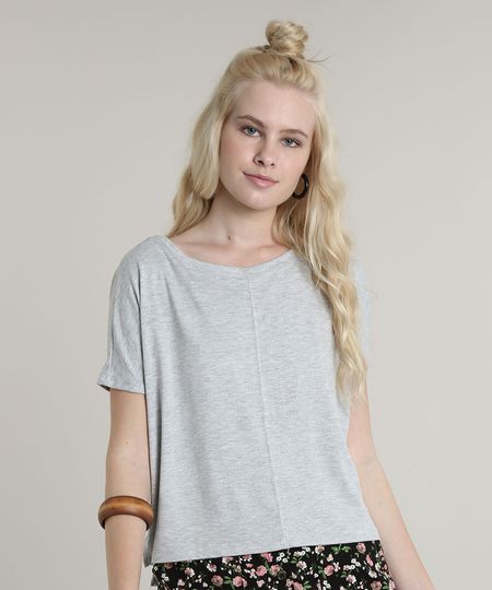 Blusa-Feminina-Basica-Ampla-com-Recorte-Manga-Curta-Decote-Redondo-Cinza-Mescla-Claro-9662980-Cinza_Mescla_Claro_1