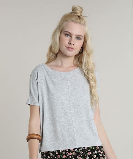 Blusa-Feminina-Basica-Ampla-com-Recorte-Manga-Curta-Decote-Redondo-Cinza-Mescla-Claro-9662980-Cinza_Mescla_Claro_1
